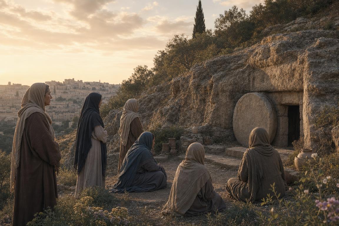 Mary the mother of James and Joses watching Jesus's burial place with other women