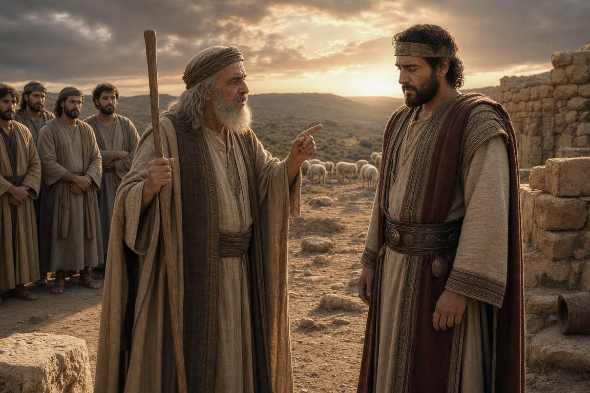 Samuel confronting King Saul after his partial obedience against Amalek
