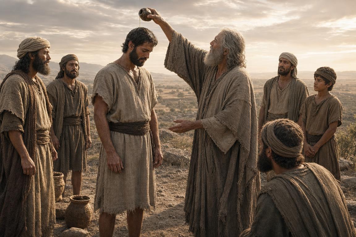 Samuel anointing Saul as Israel's first king in an early Israelite setting