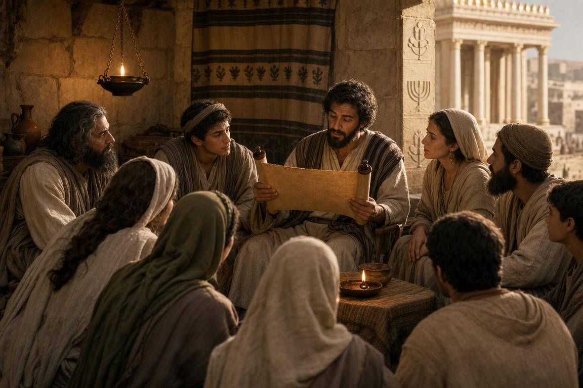 Early Christians listening as Hebrews is read aloud about Jesus as the perfect high priest