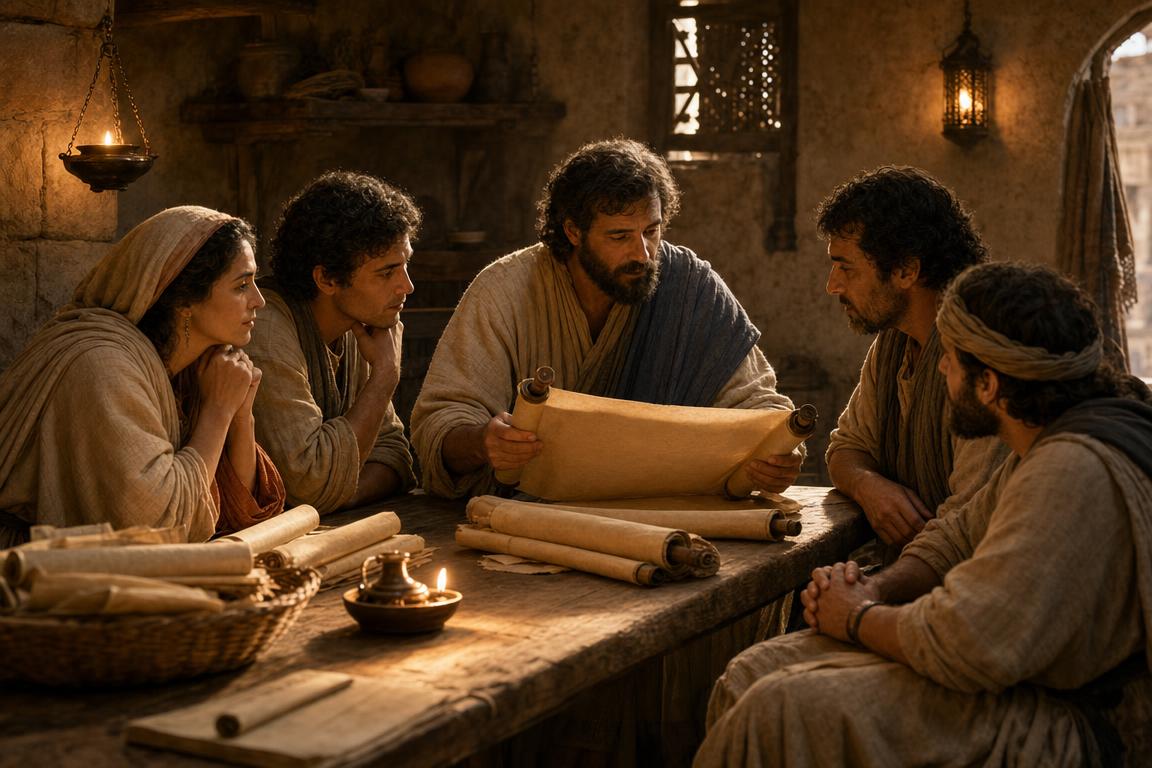 Early Christians studying the book of Hebrews from an unnamed scroll in a house church