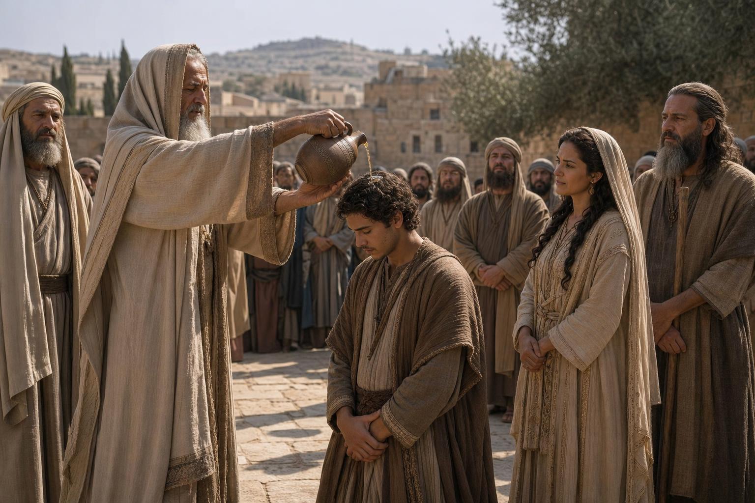 Young Solomon being publicly anointed as king while Bathsheba and witnesses look on in Jerusalem