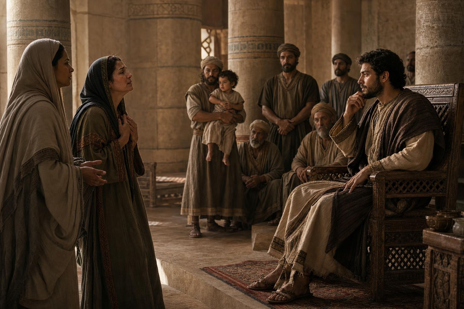 King Solomon listening carefully as two women bring their case before his royal court