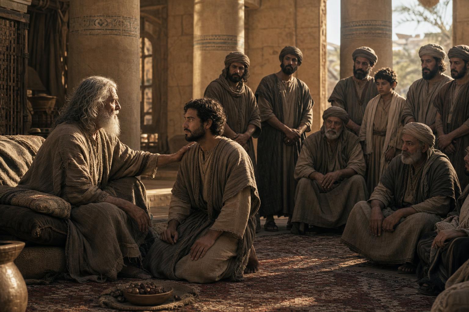Jacob blessing Judah before the gathered sons of Israel in Egypt