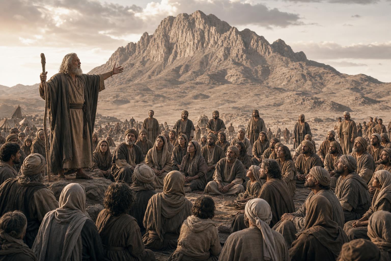 Moses and the Israelites gathered before Mount Sinai in the wilderness