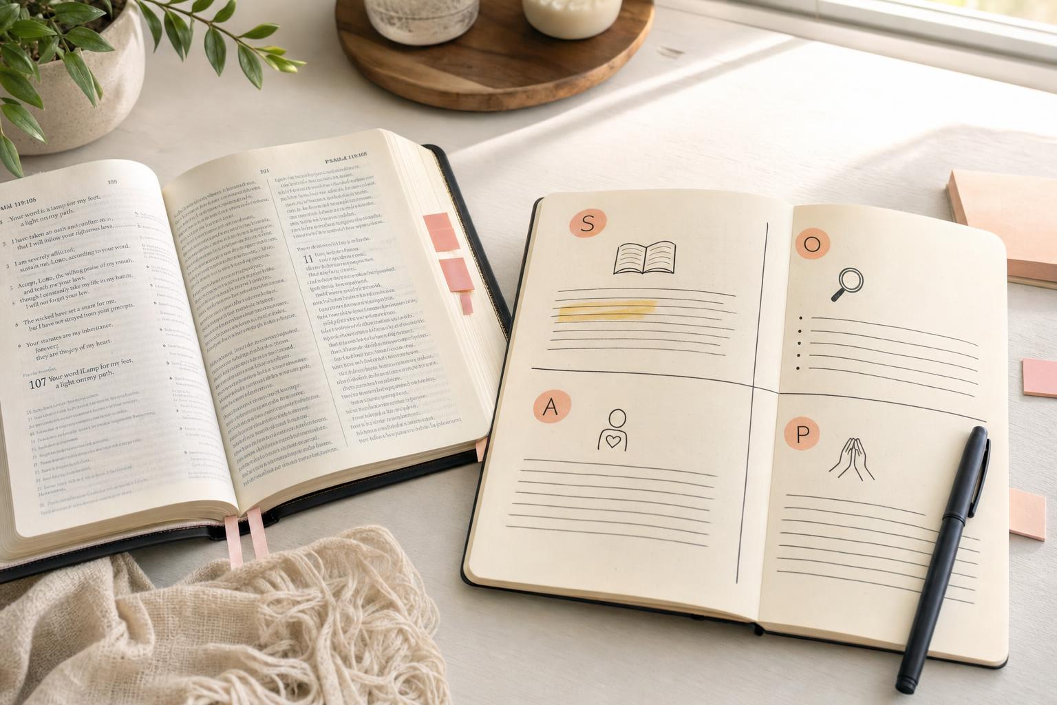 Open Bible and journal laid out around the four SOAP Bible study steps