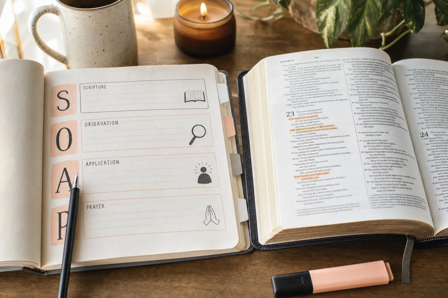 Open Bible and journal with a simple SOAP study template ready to use