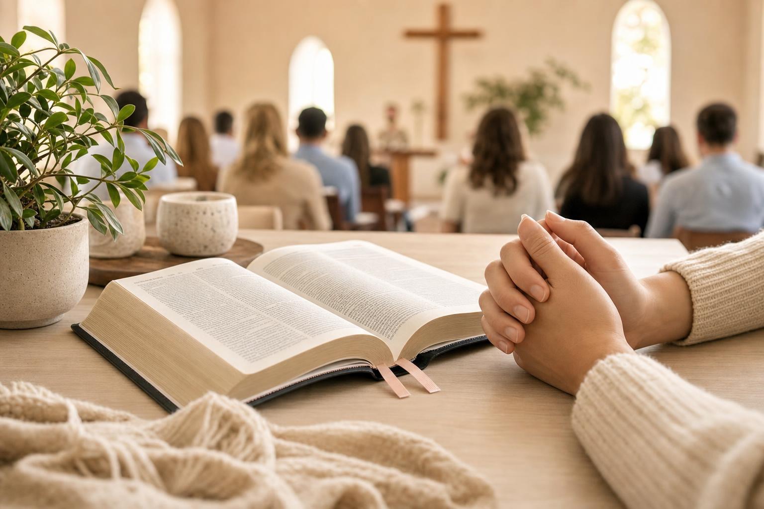 Open Bible, prayerful hands, and church setting representing the means of sanctification