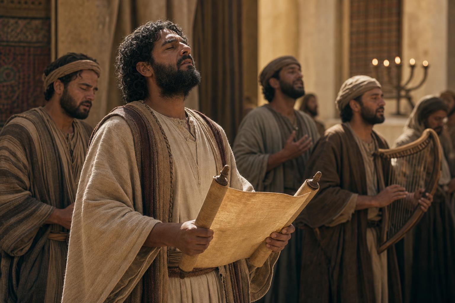 Asaph with a psalm scroll in reflective worship, representing the Psalms of Asaph