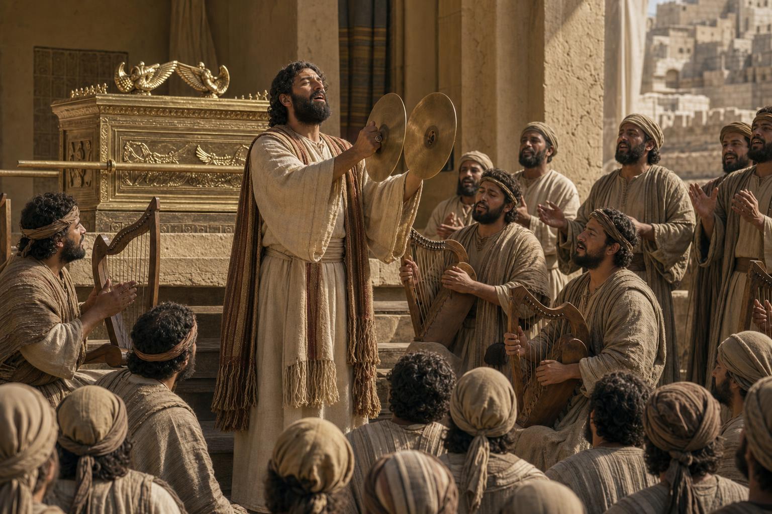 Asaph leading Levite musicians with cymbals before the ark in worship during David's reign