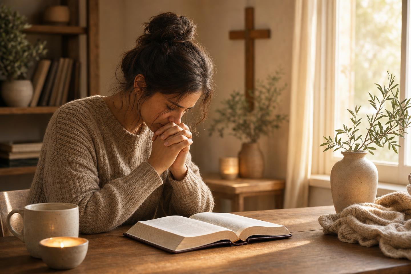 A troubled believer praying over an open Bible and asking God for mercy, clarity, and a soft heart