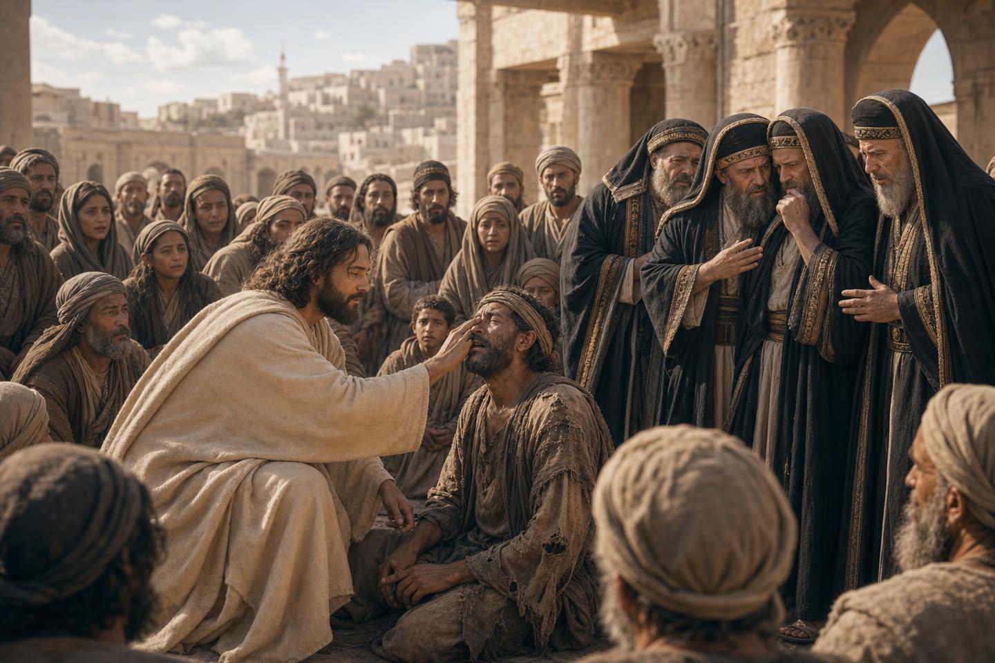 Jesus healing a suffering man while religious leaders accuse His Spirit-empowered work of being evil