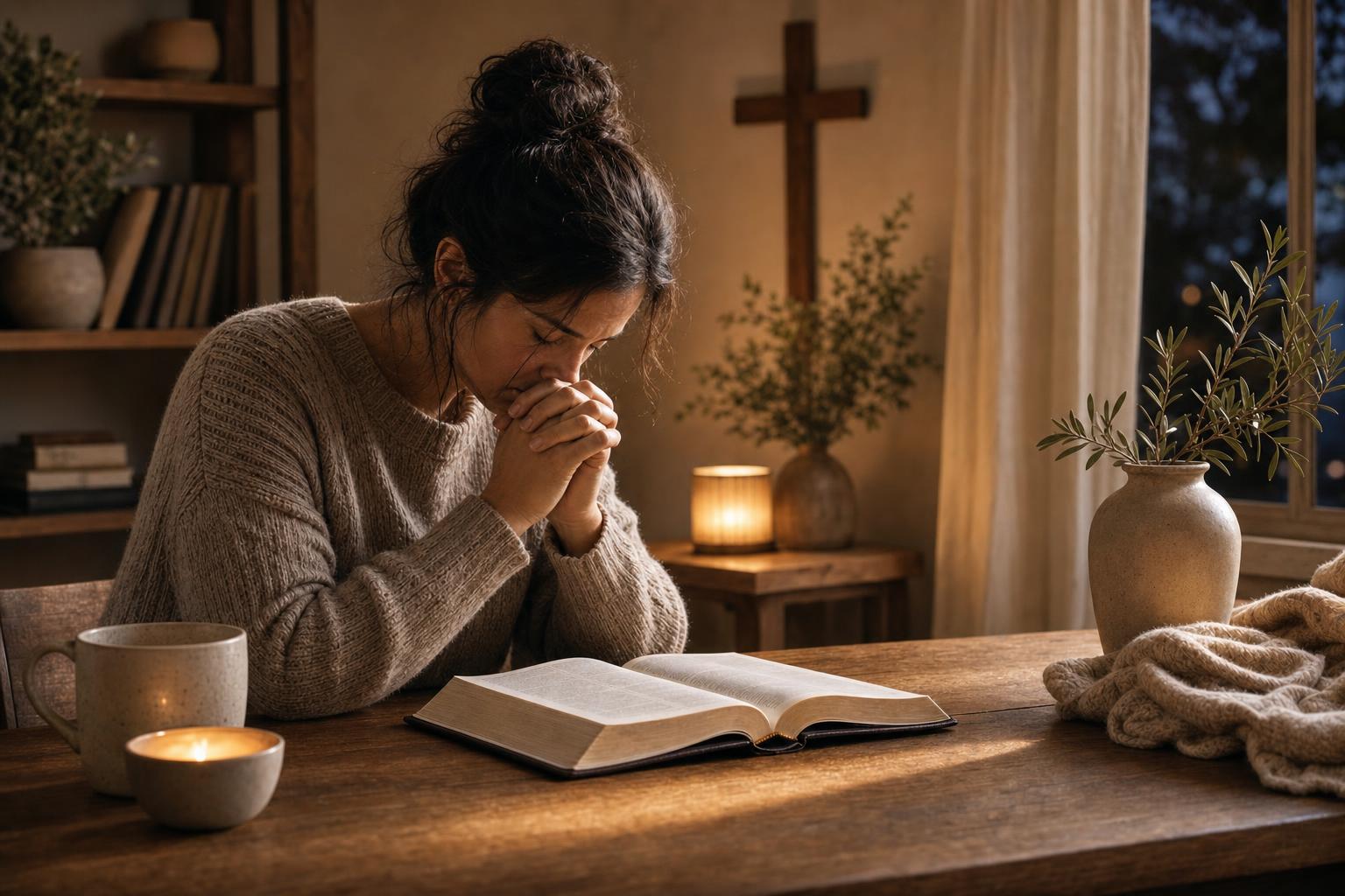 A weary Christian praying beside an open Bible and trusting the Holy Spirit in weakness