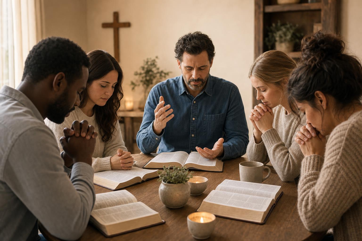 Small group of Christians praying together with open Bibles in a quiet church setting