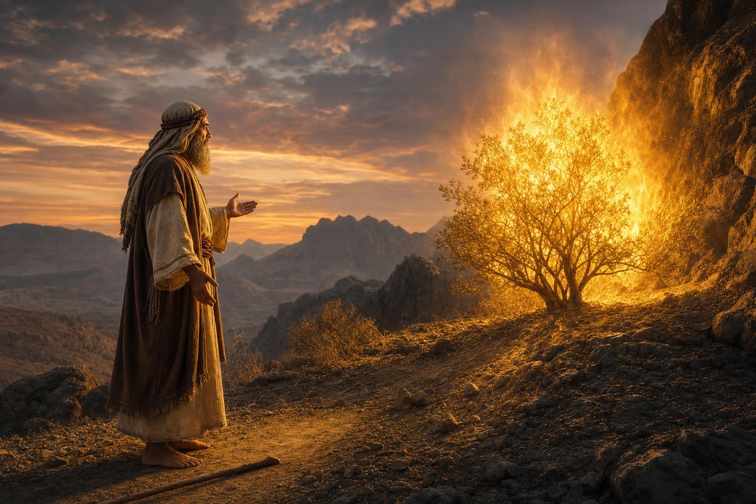 Moses before the burning bush as God reveals His name on holy ground