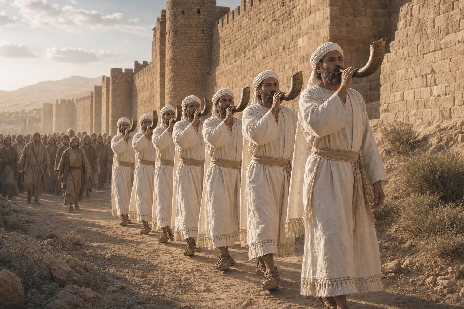 Seven priests circling Jericho with trumpets in obedience to God's command