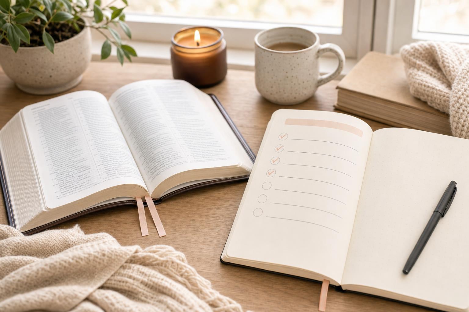 Open Bible and simple reading-plan journal showing a steady daily Scripture habit
