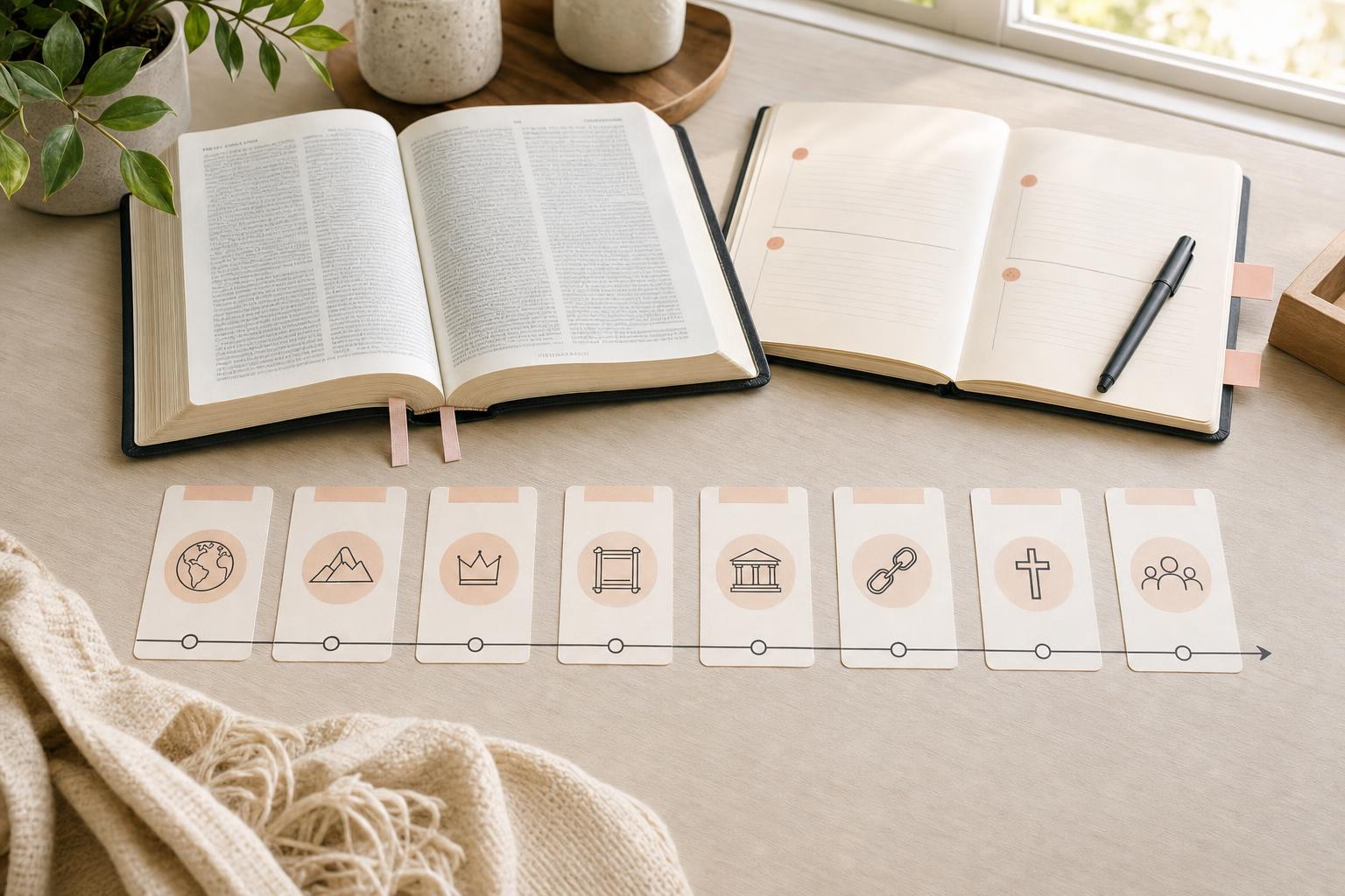 Open Bible and simple timeline-style journal layout for a chronological Bible reading plan
