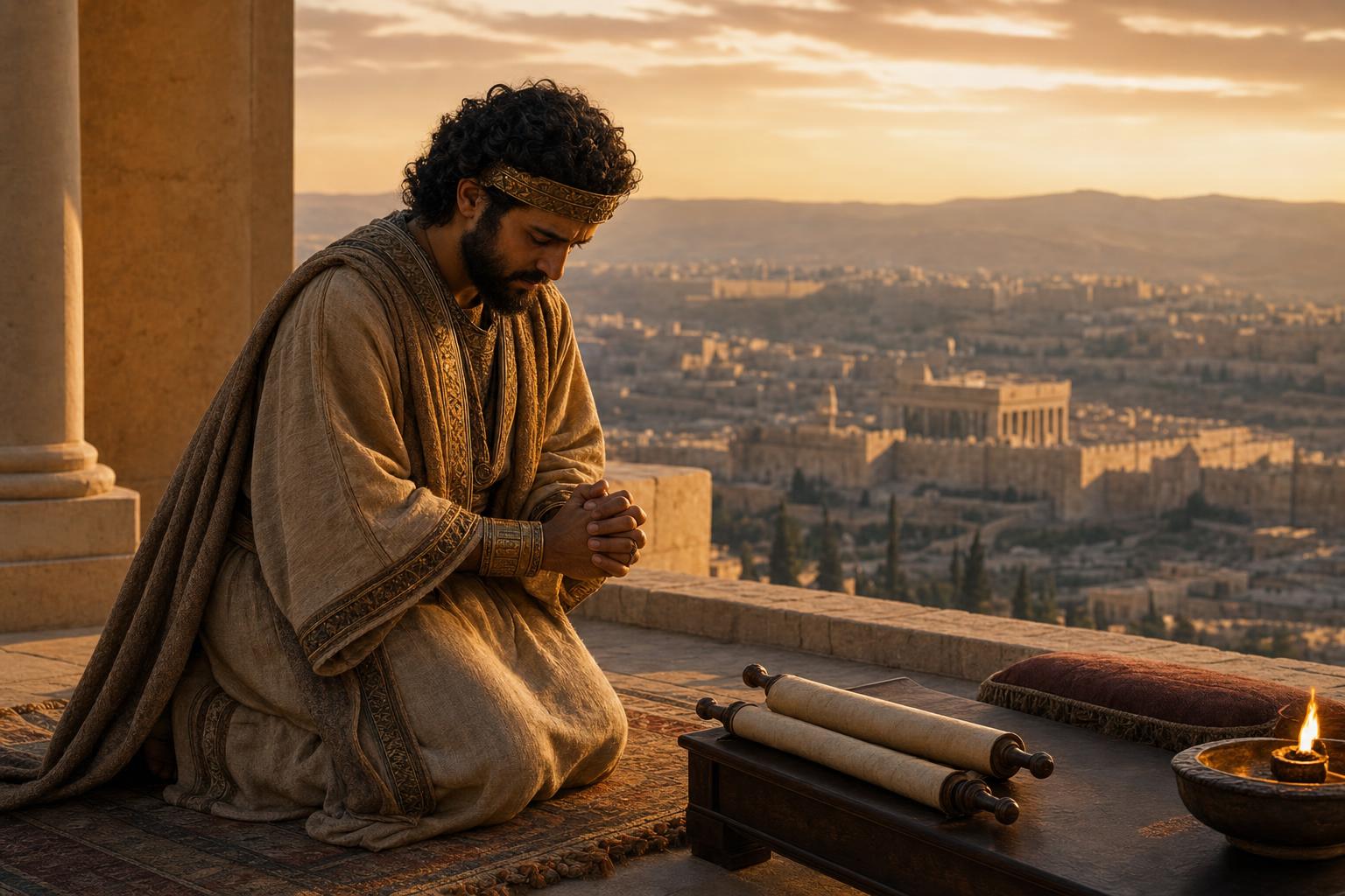 King Solomon praying humbly to God for wisdom