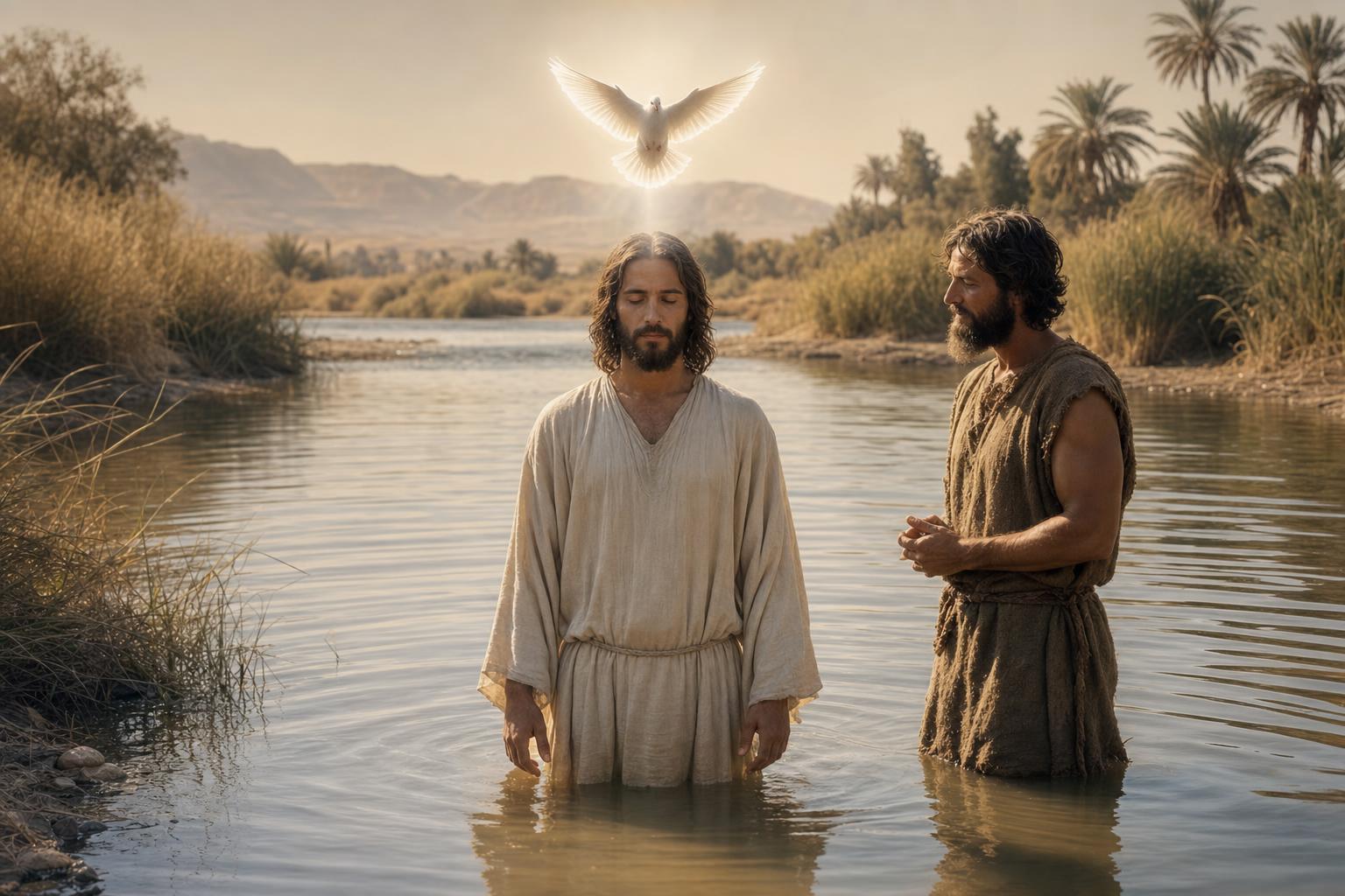 Jesus at His baptism as the Holy Spirit descends and rests on Him