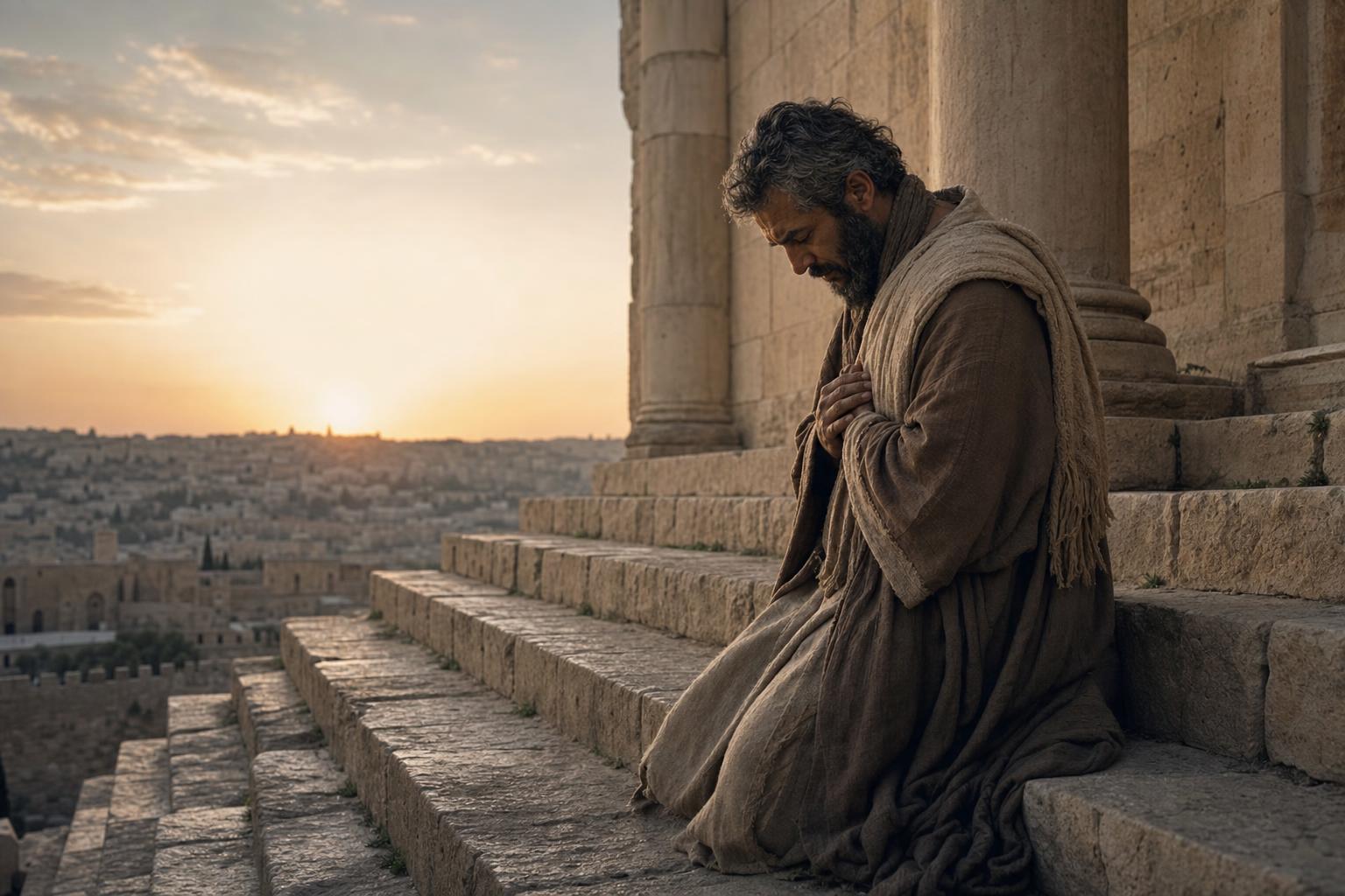 A humble man praying near the temple in repentance and mercy