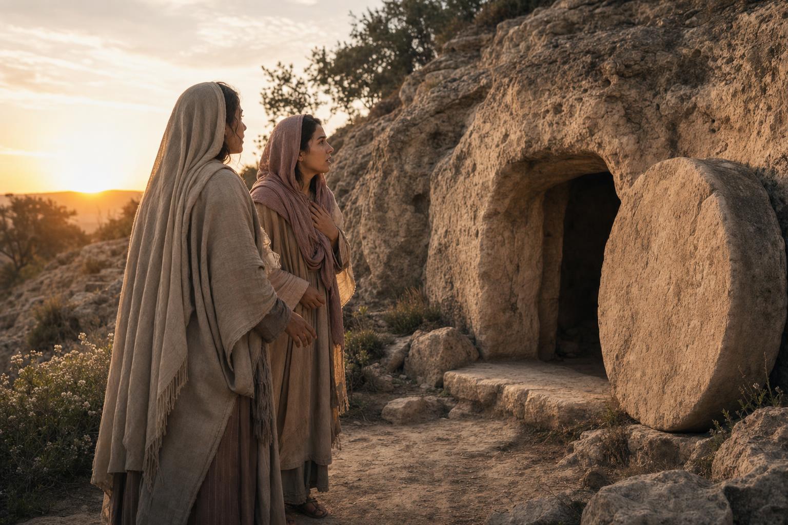 Women arriving at the empty tomb at sunrise after Jesus rose from the dead