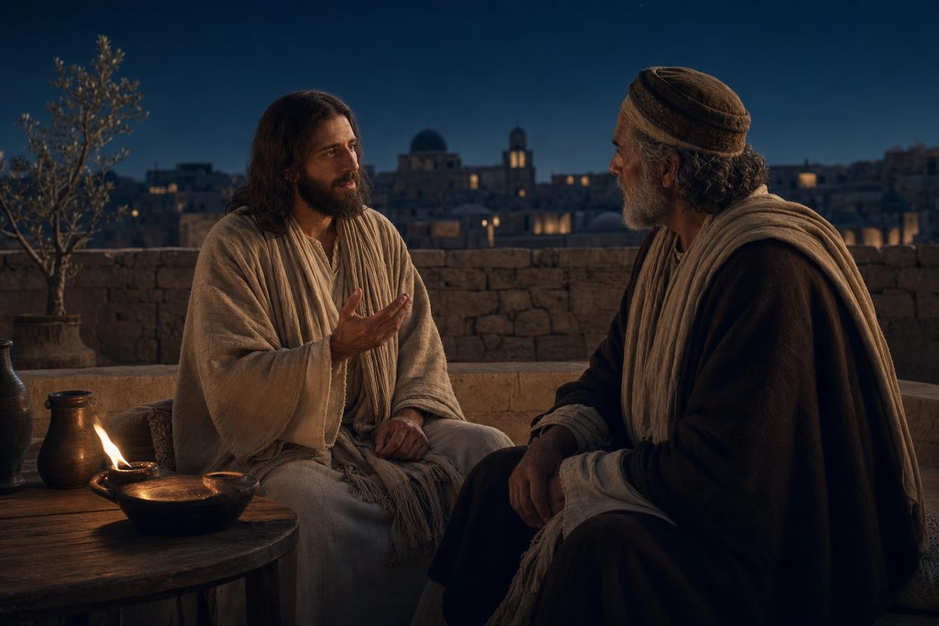 Nicodemus meeting Jesus privately at night in Jerusalem as Jesus teaches about new birth