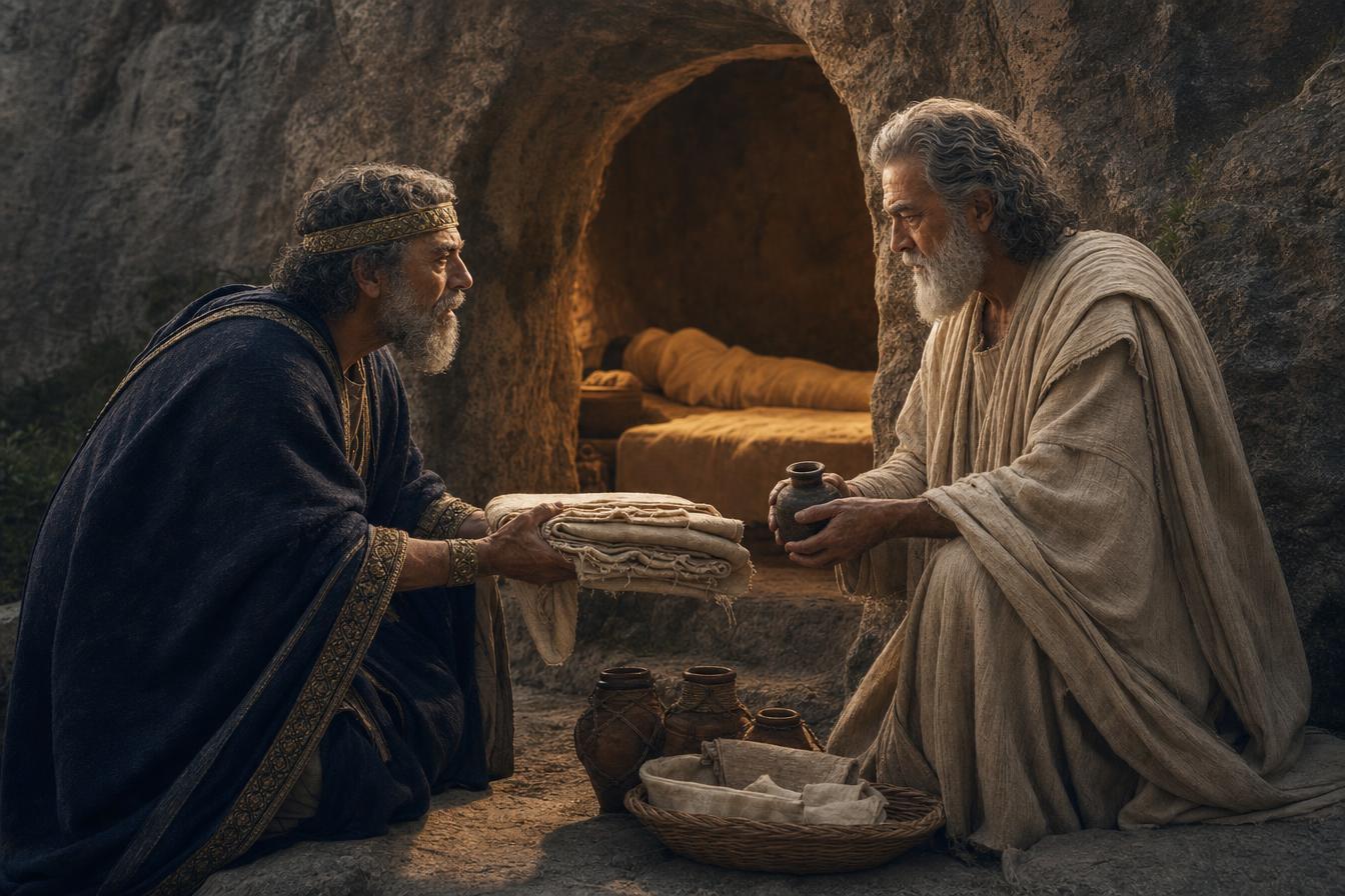 Nicodemus and Joseph of Arimathea bringing spices to prepare Jesus' body for burial