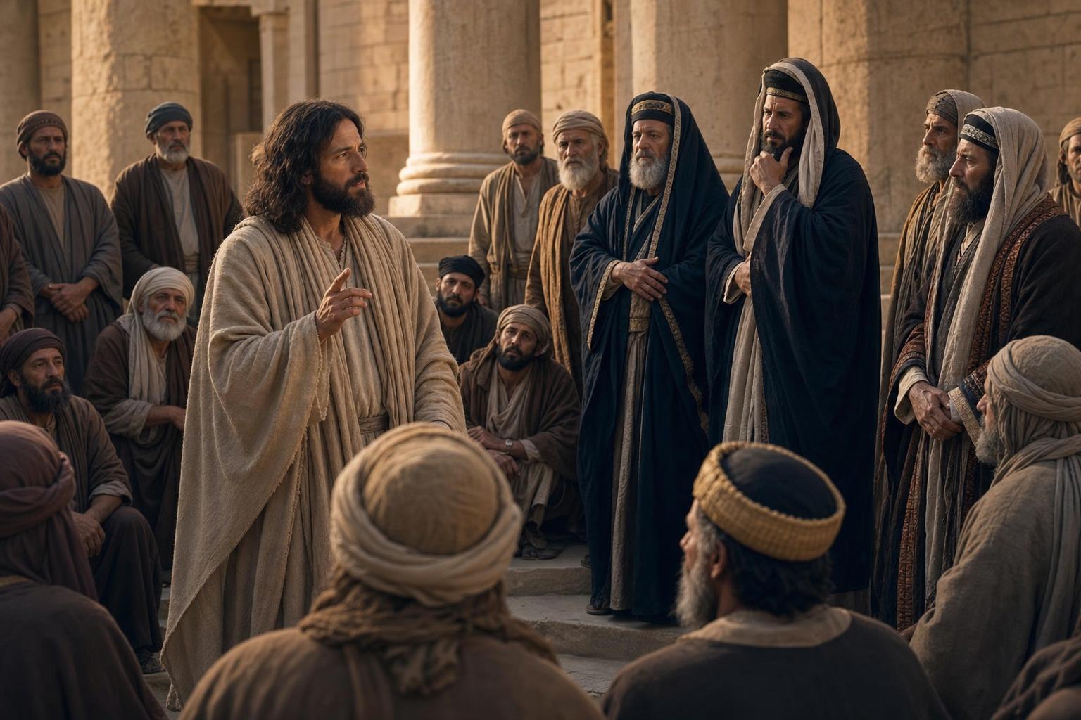 Jesus speaking solemn woes to religious leaders in Jerusalem