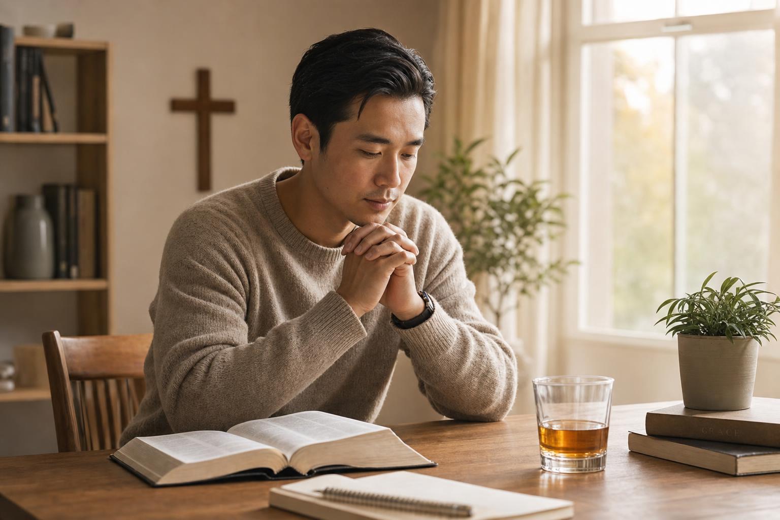 A believer praying for wisdom and self-control before choosing whether to drink alcohol