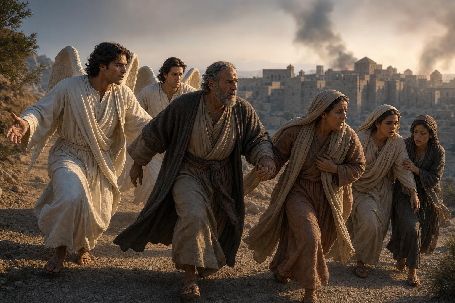 Angels leading Lot and his family out of Sodom before its destruction
