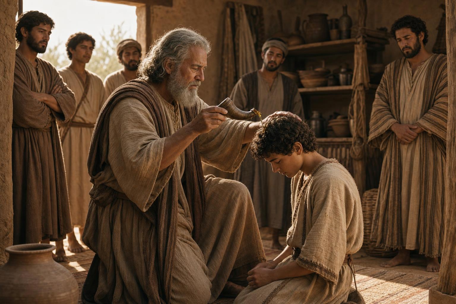 Samuel anointing young David in Jesse's house at Bethlehem