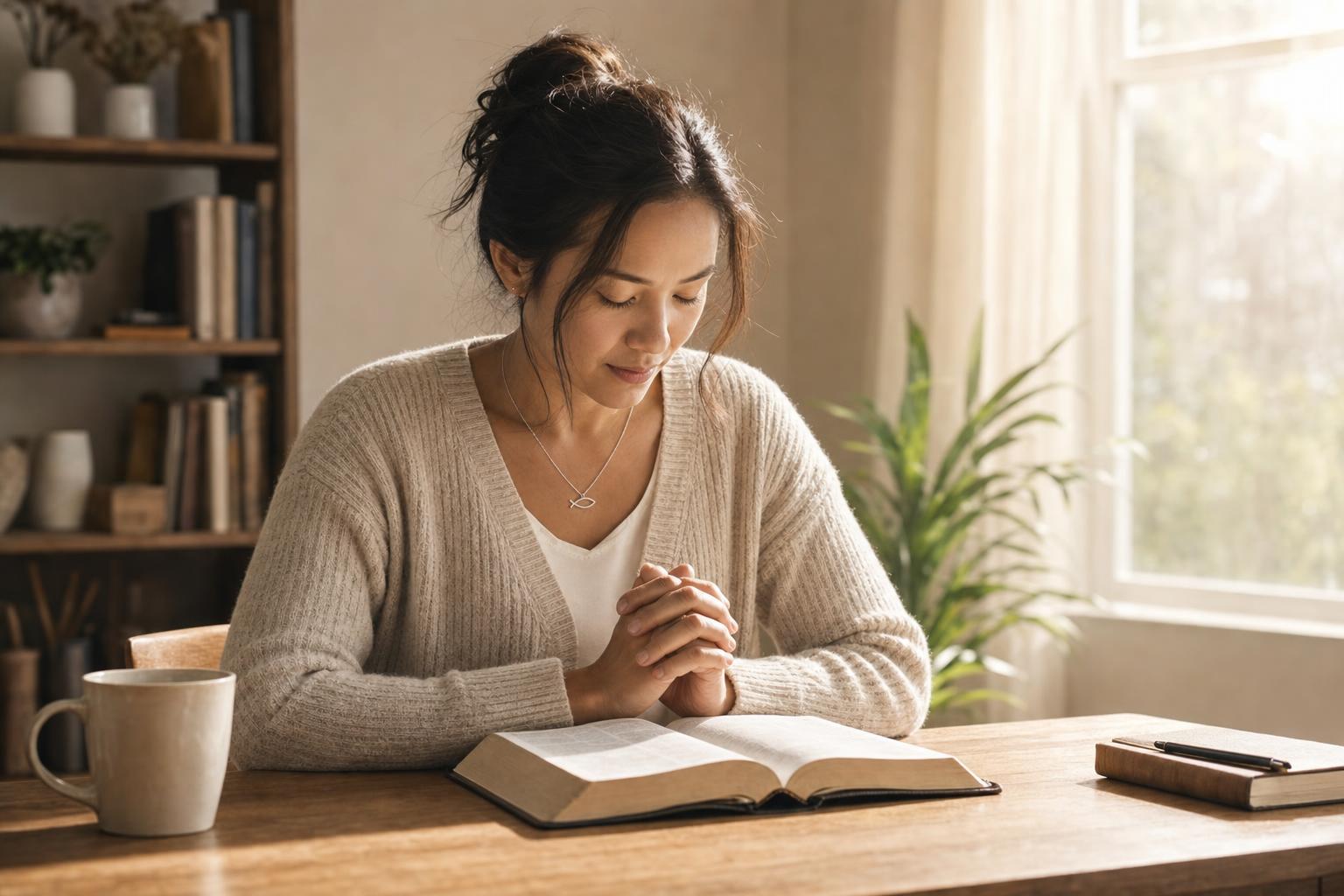 A believer reading Scripture while wearing a simple fish necklace as a quiet sign of Christian faith