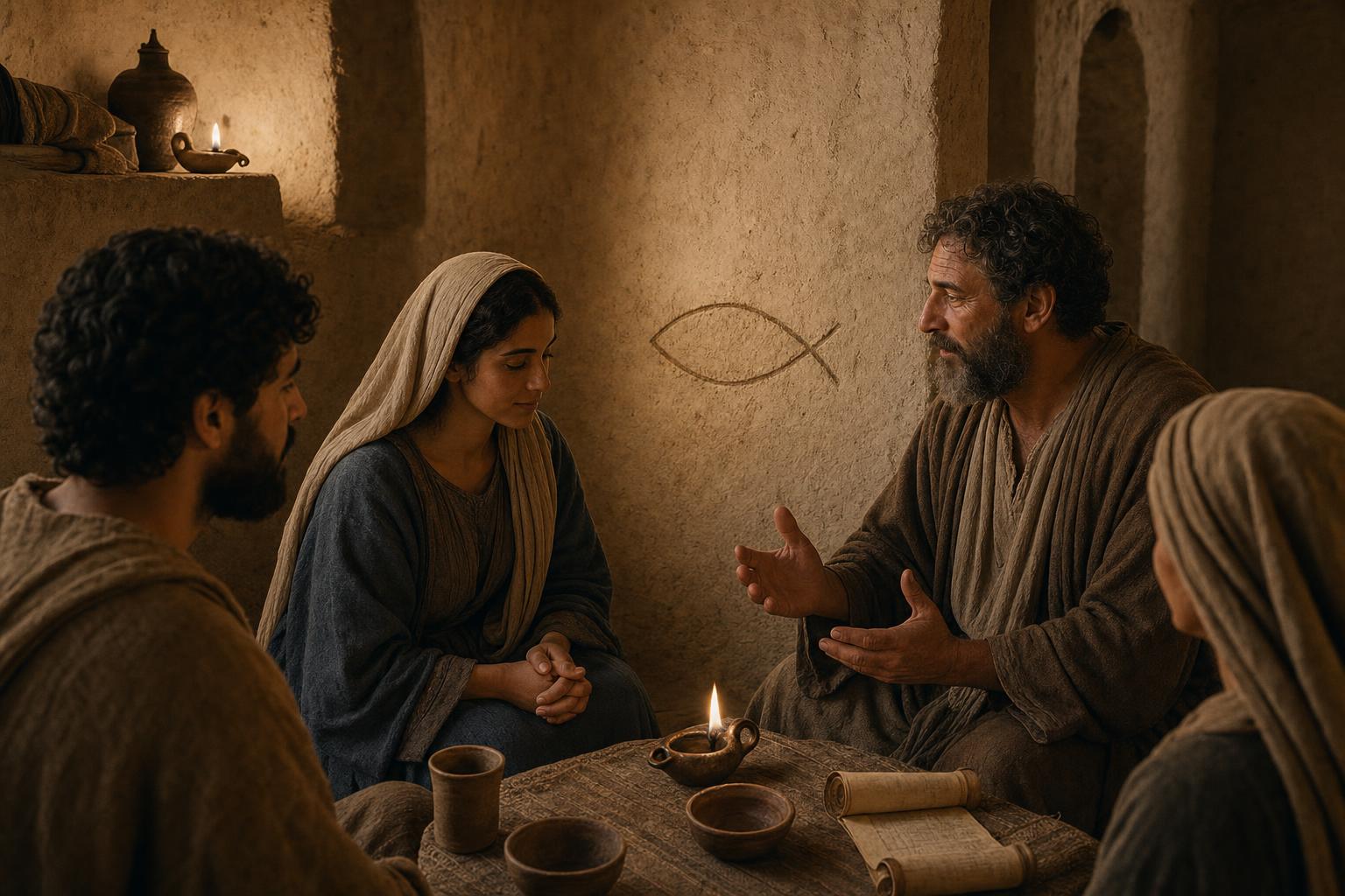Early Christians gathering near a simple fish symbol scratched on a wall by lamplight