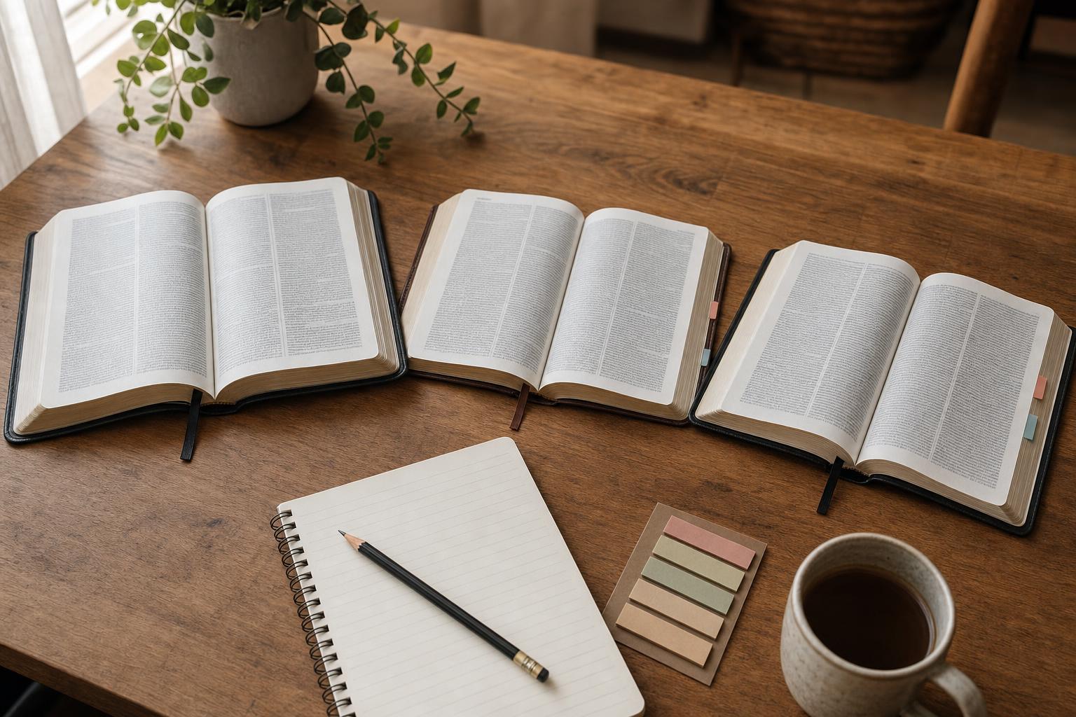 Open Bible translations arranged side by side for careful comparison and study