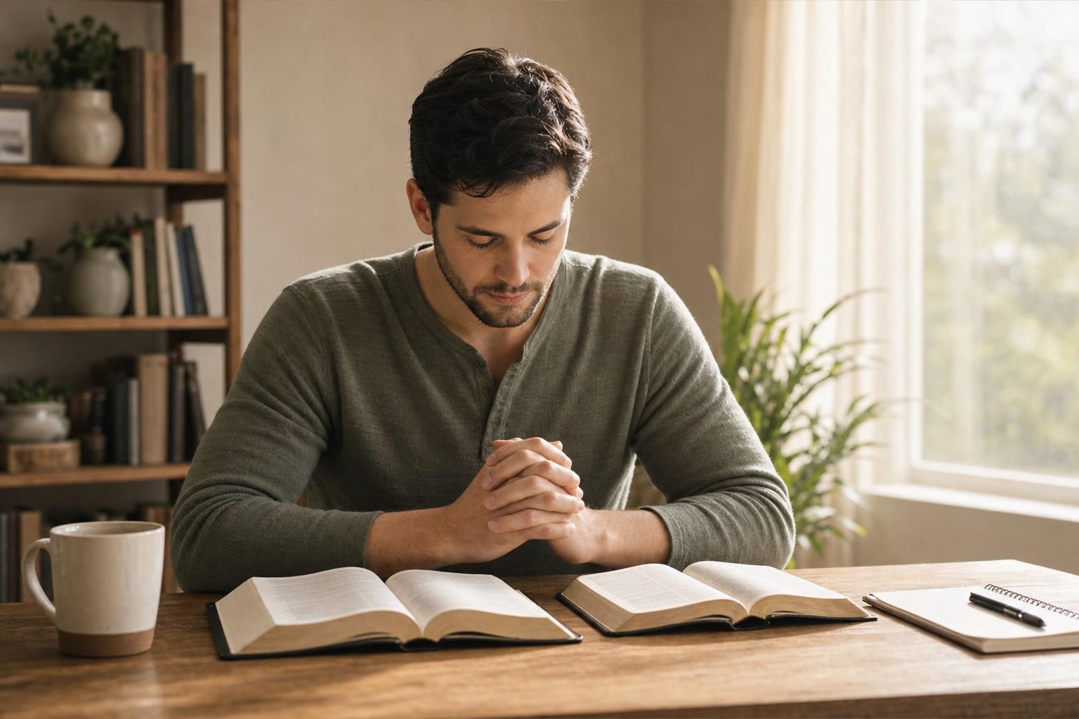 A reader comparing two Bible translations side by side during study and prayer