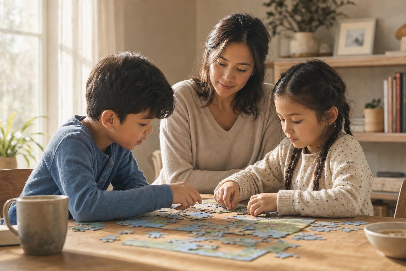 Siblings working together on a shared activity as a parent encourages calm cooperation