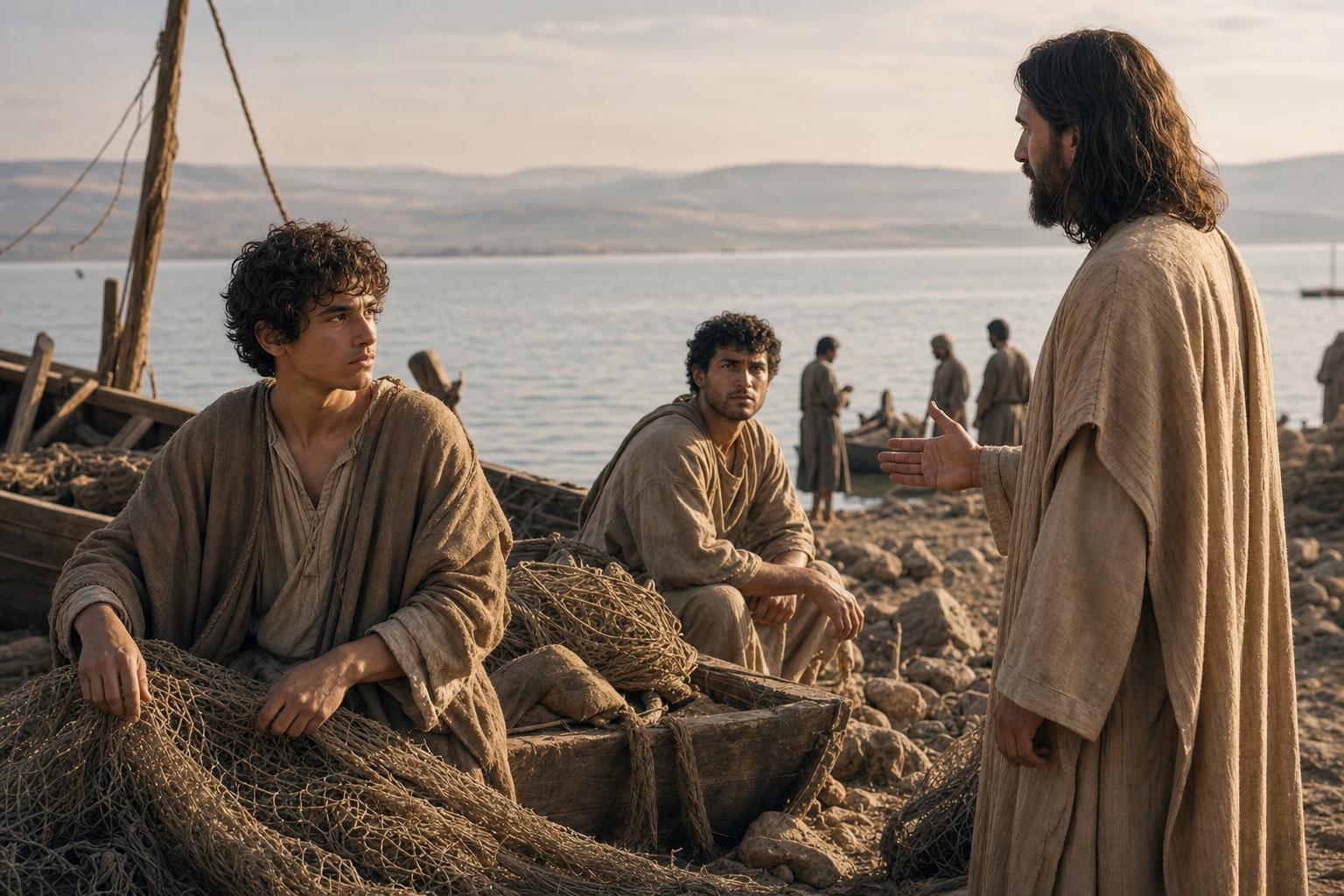 John the Apostle and James near their fishing nets as Jesus calls them by the Sea of Galilee