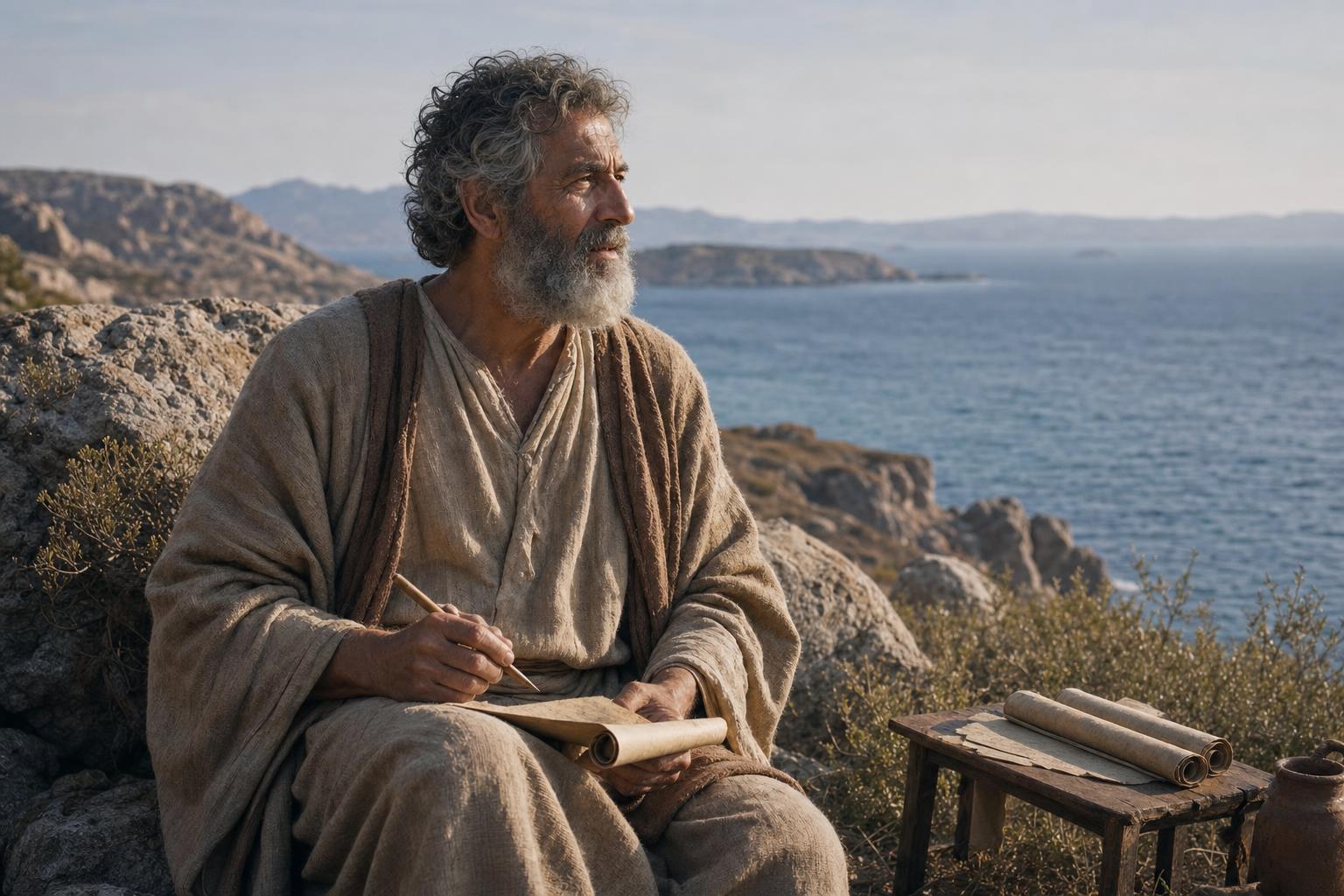 An older John on Patmos writing and reflecting while looking over the sea