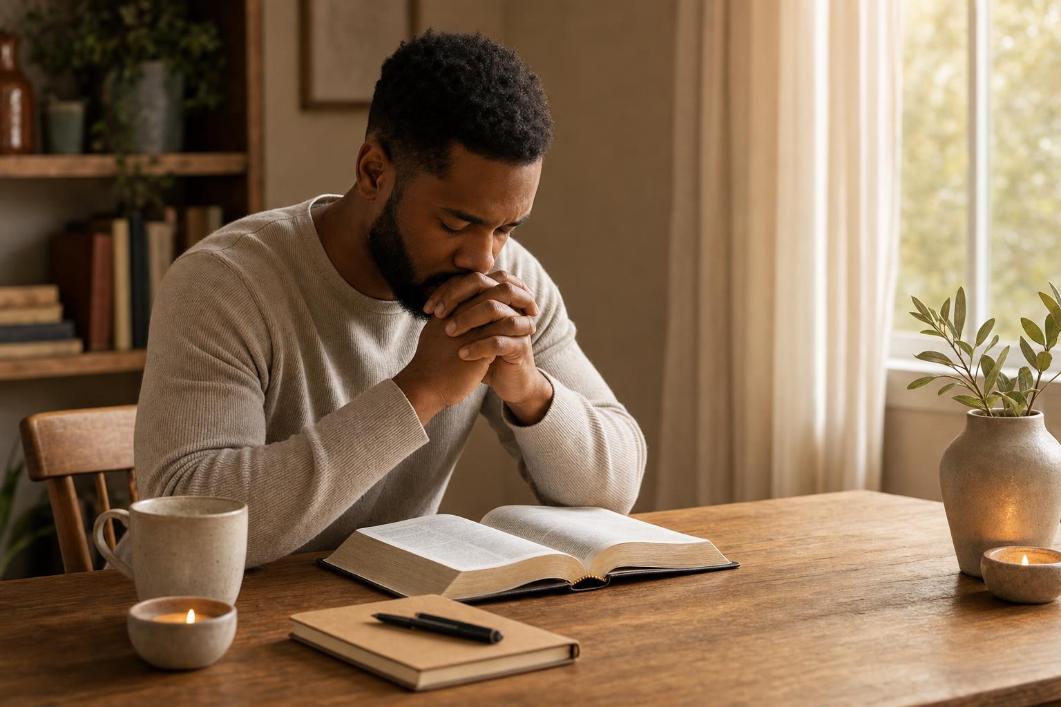 A believer studying Scripture and praying to understand righteousness in God's sight