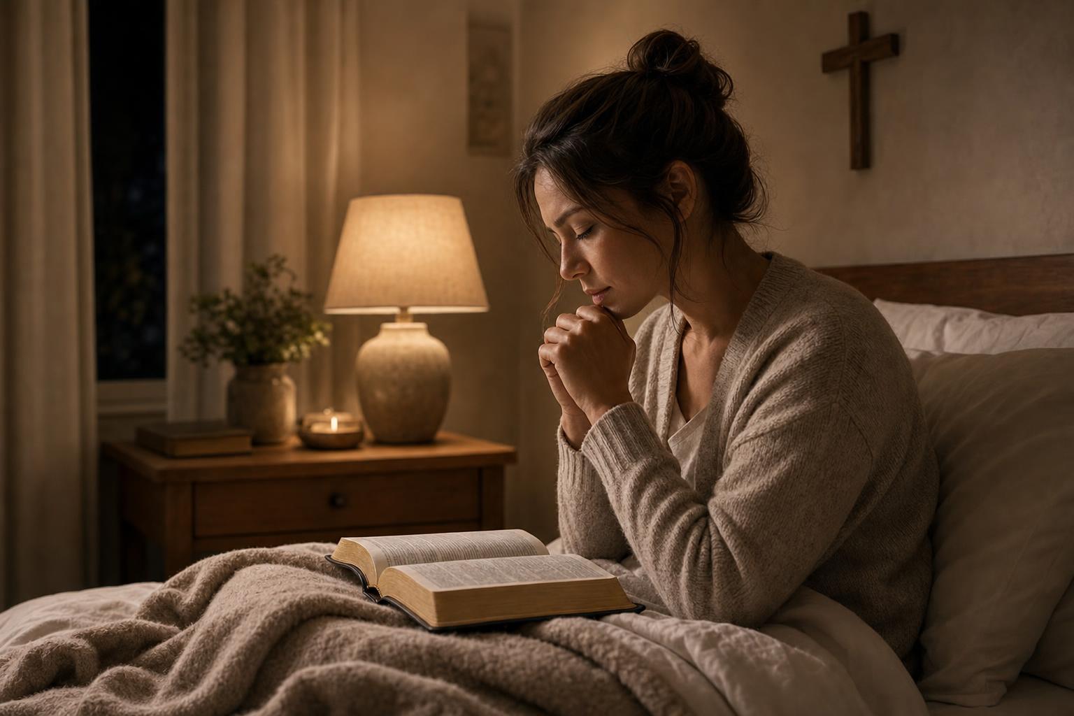 A person awake in the middle of the night turning to Scripture and prayer for peace