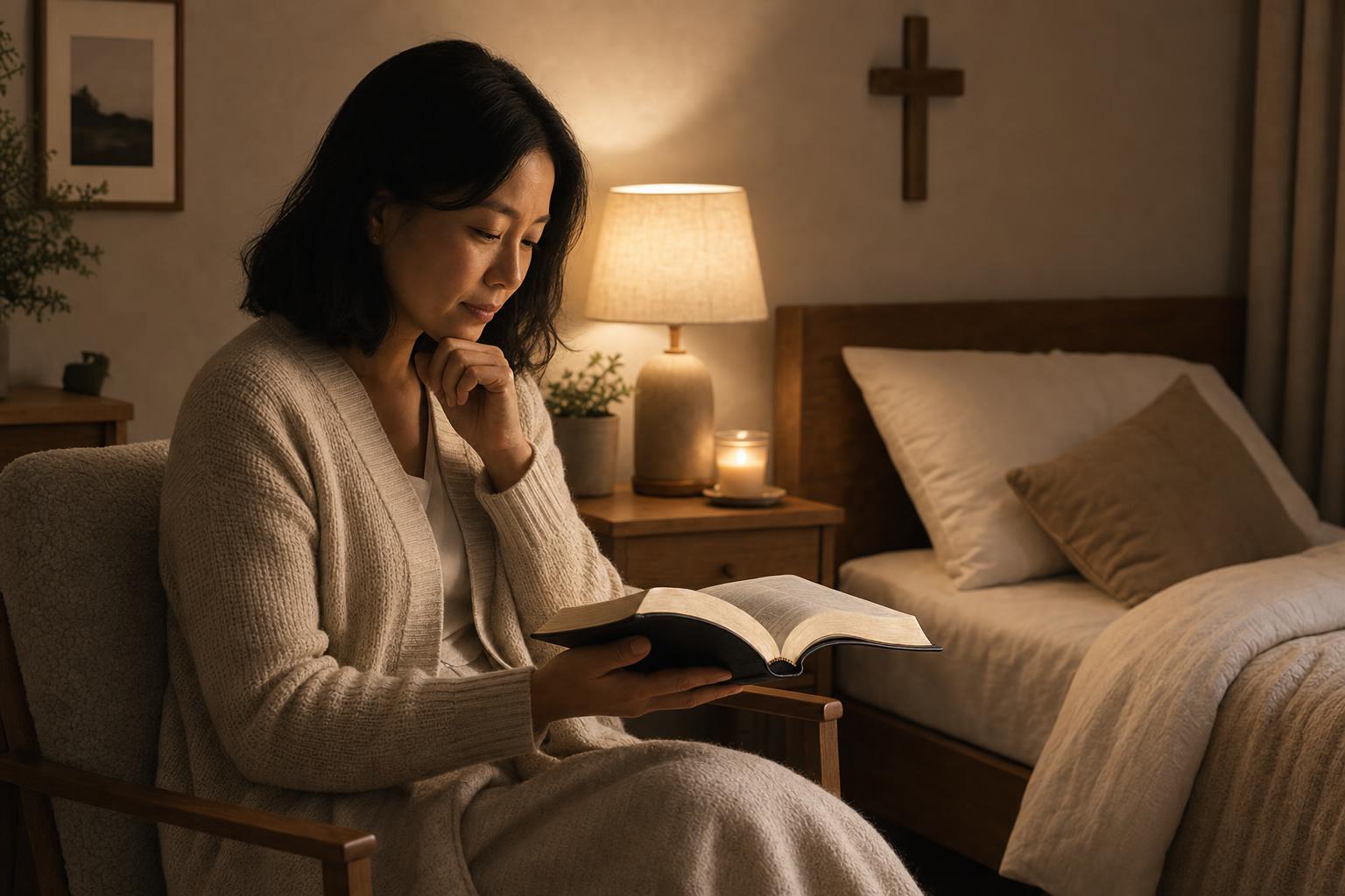 A person reading Bible verses by lamplight before resting peacefully for the night