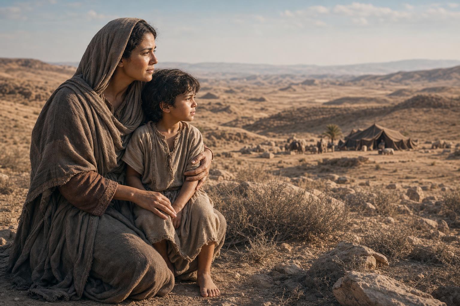 Hagar and Ishmael in the wilderness as God preserves Ishmael's future line