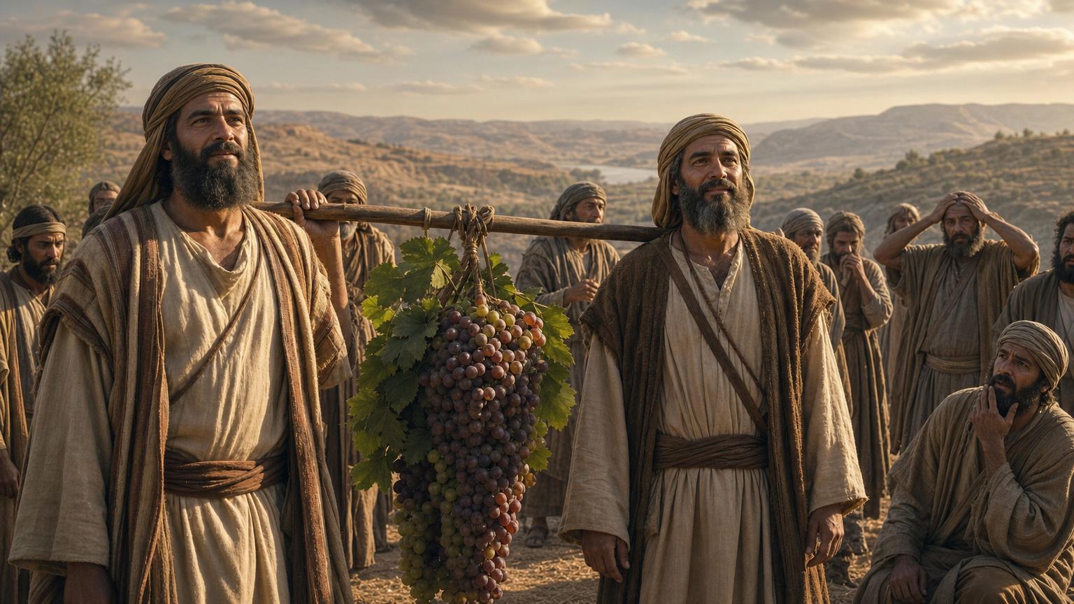 Joshua and Caleb returning from Canaan with confidence in God's promise