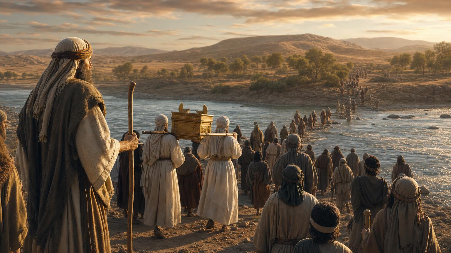 Joshua leading Israel forward at the Jordan as the people prepare to enter the Promised Land