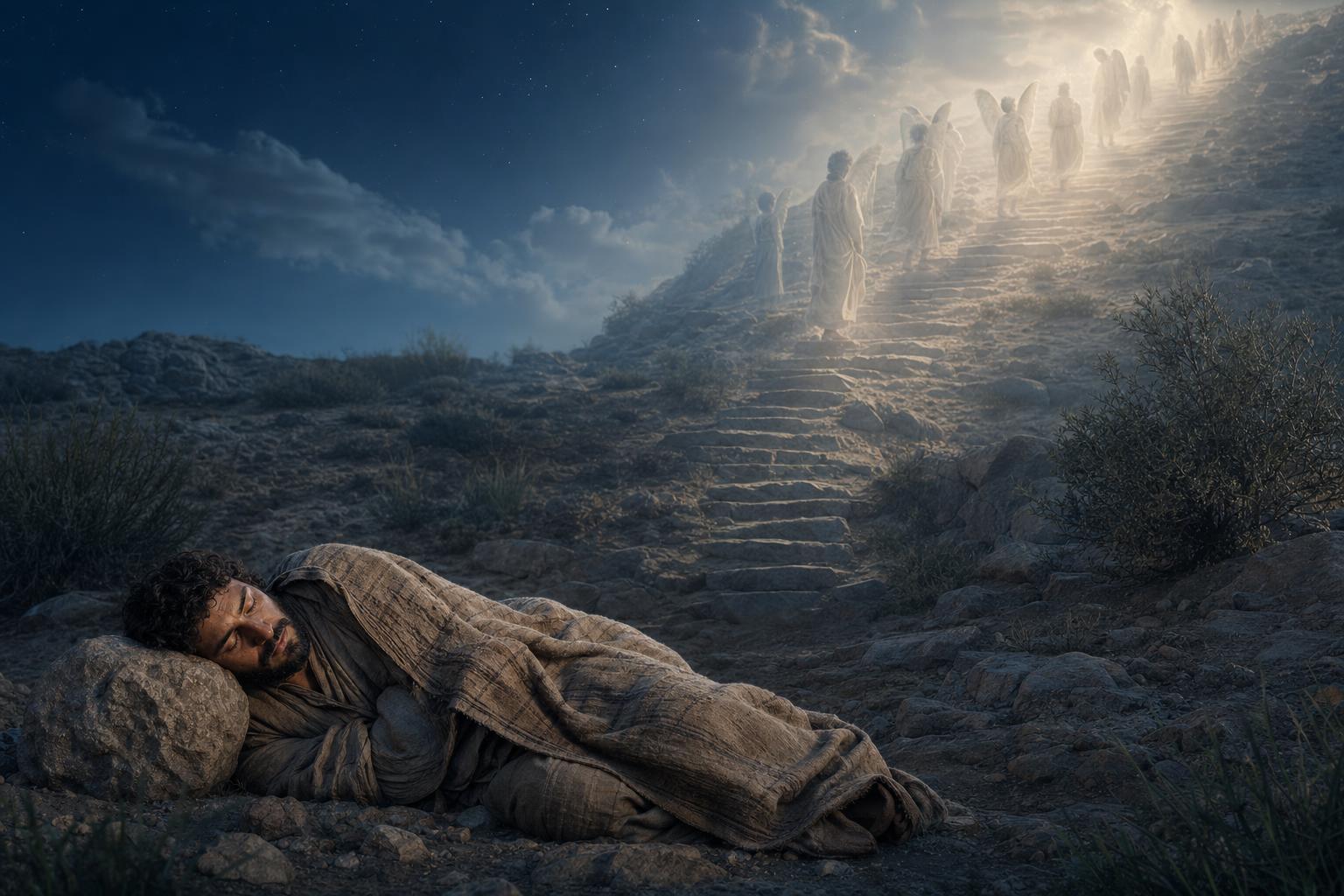 Jacob at Bethel dreaming of a stairway to heaven as God renews His covenant promise