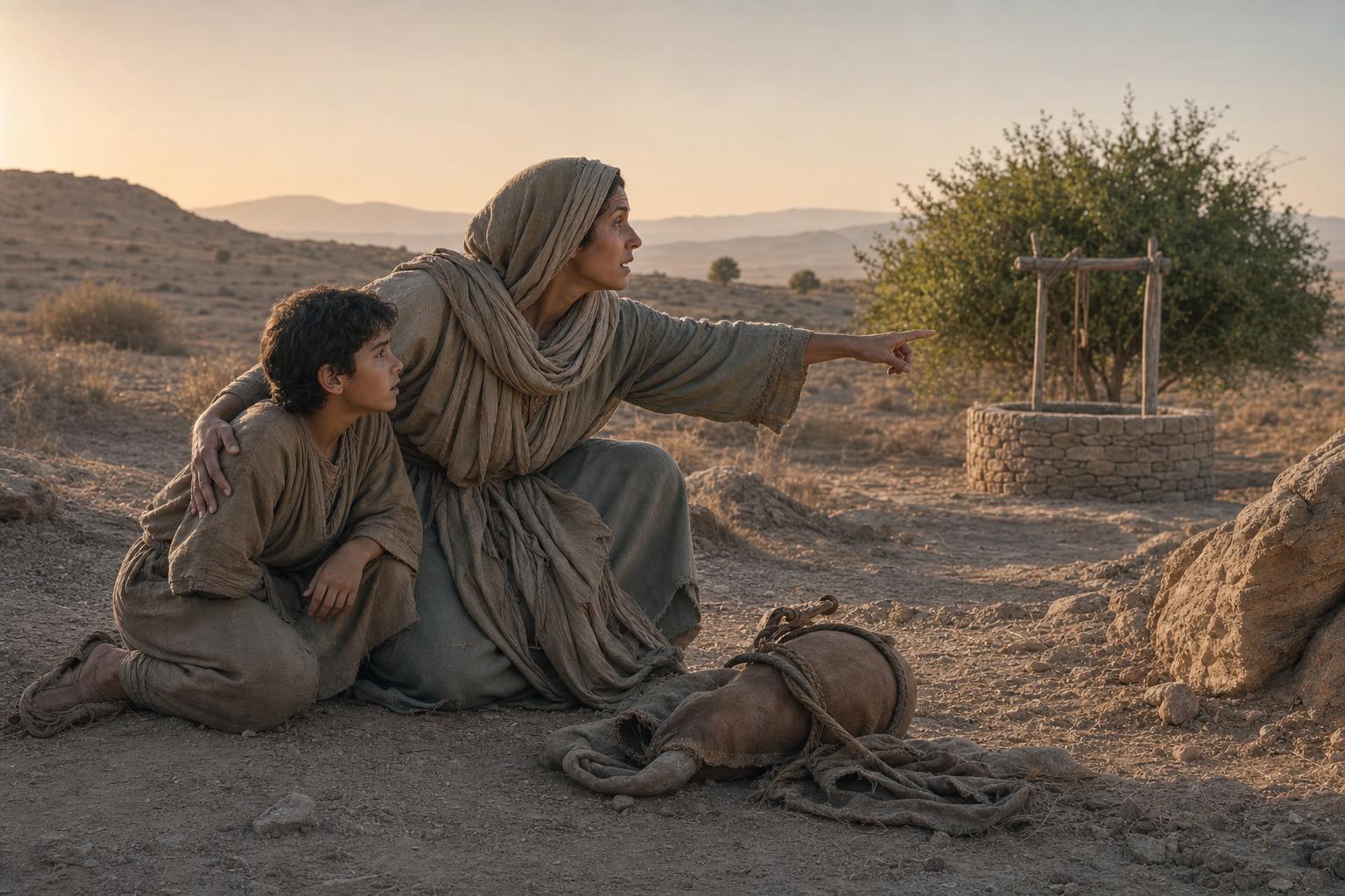 Hagar and young Ishmael in the wilderness after God provides water and preserves them