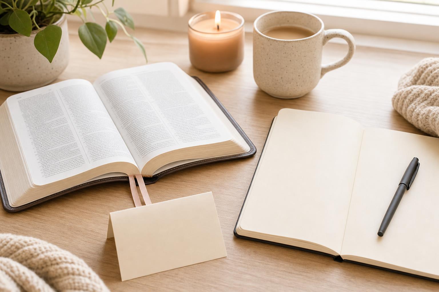 Open Bible, notebook, pen, and simple prayer card laid out for a beginner-friendly study time