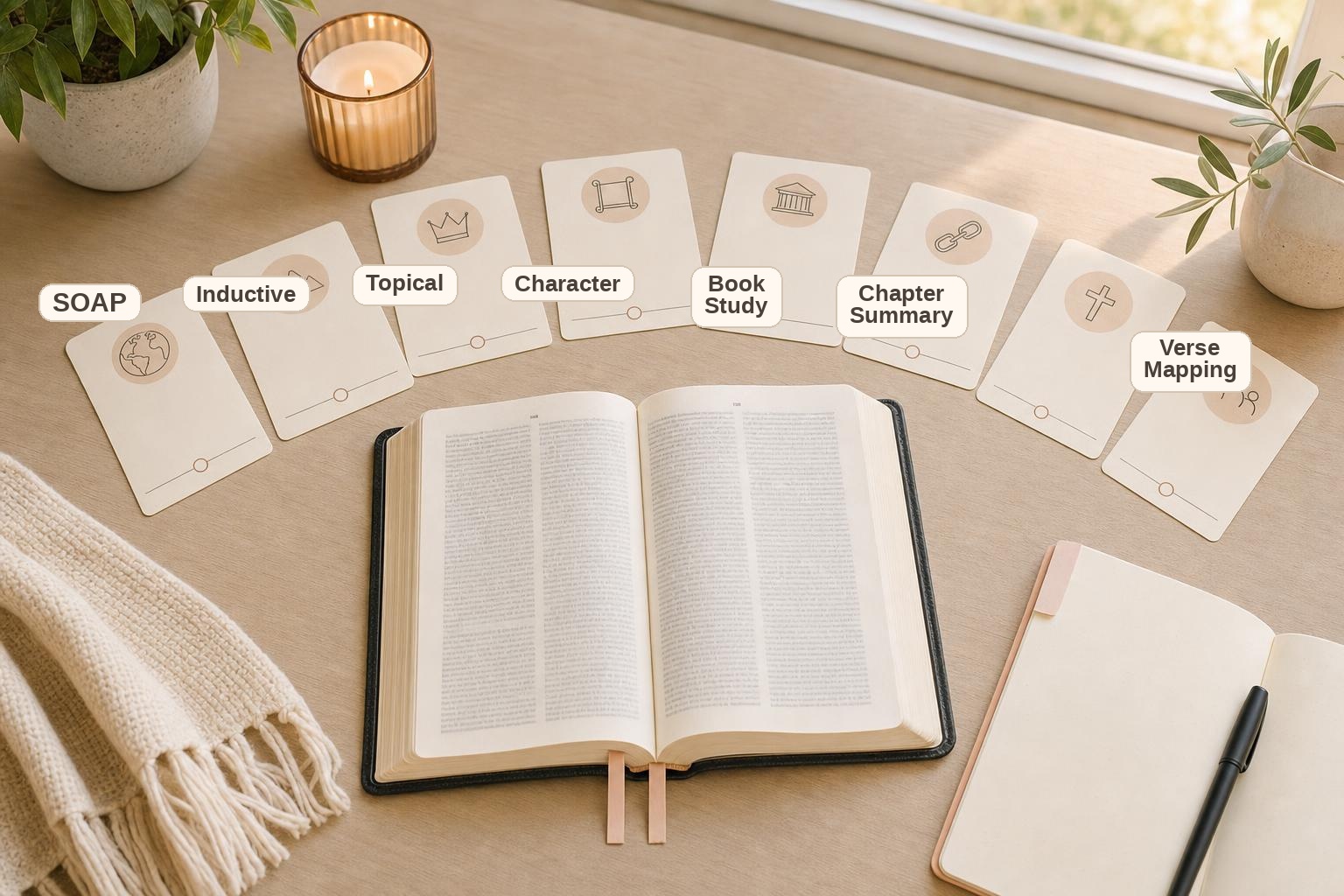 Open Bible and notebook with a visual guide comparing seven Bible study methods