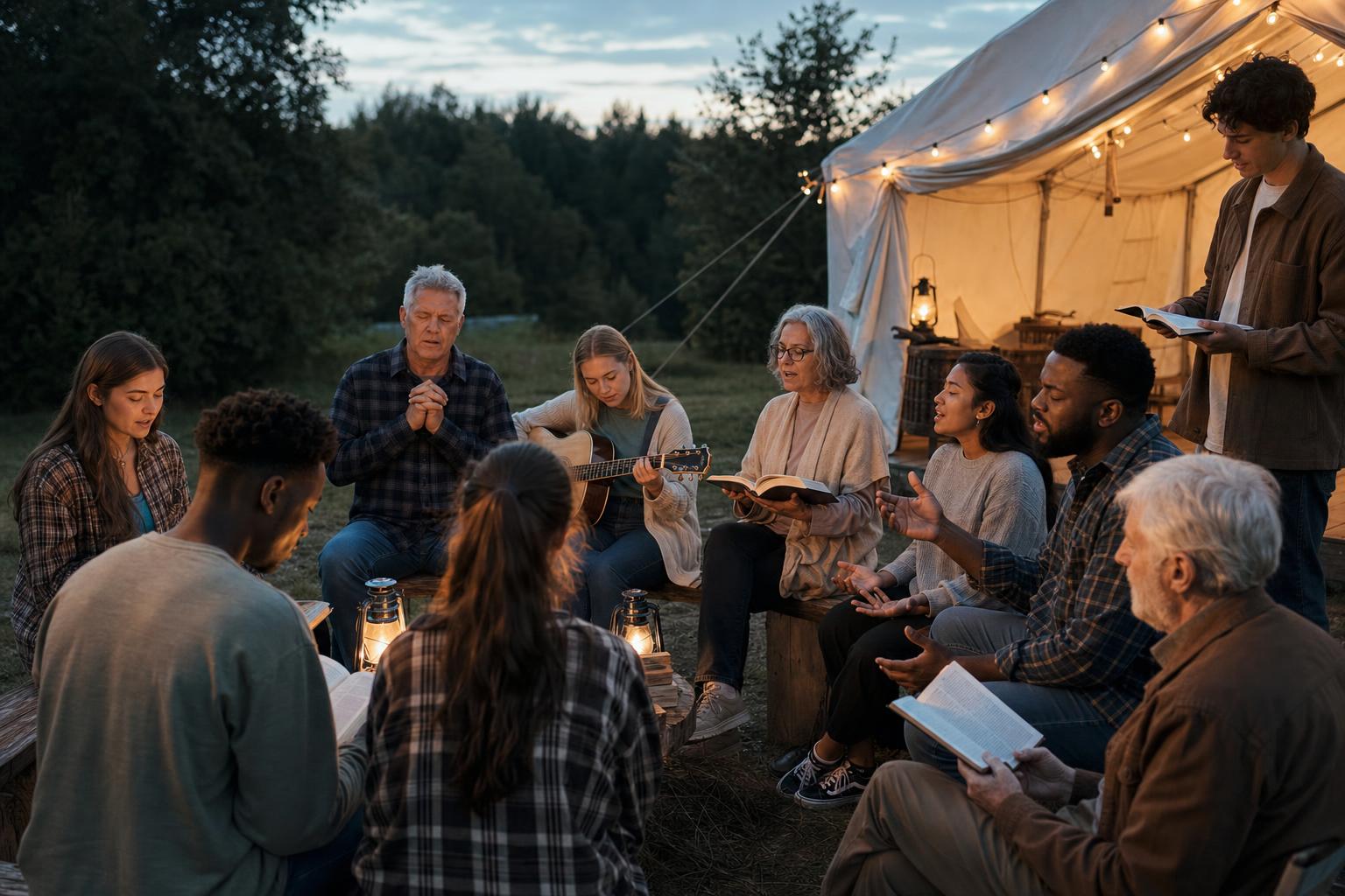 Outdoor Christian camp meeting with people worshiping, praying, and reading Bibles together